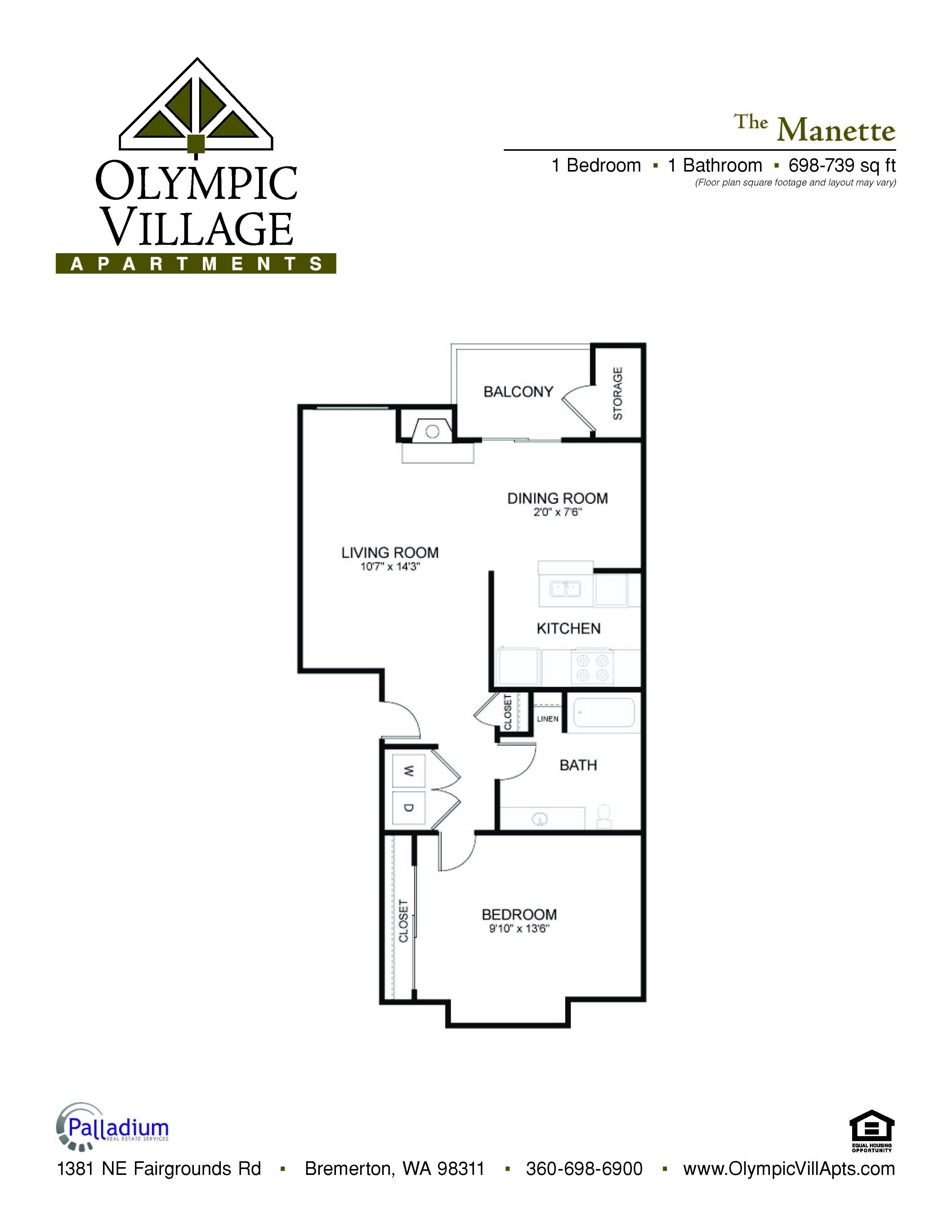 Floor plan for 1 bed, 1 bath, 739 sqft